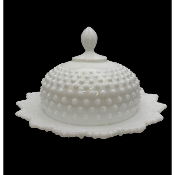 Fenton Hobnail Milk Glass Covered Butter Dish Cheese Dish Round Lidded Tray - Picture 1 of 8